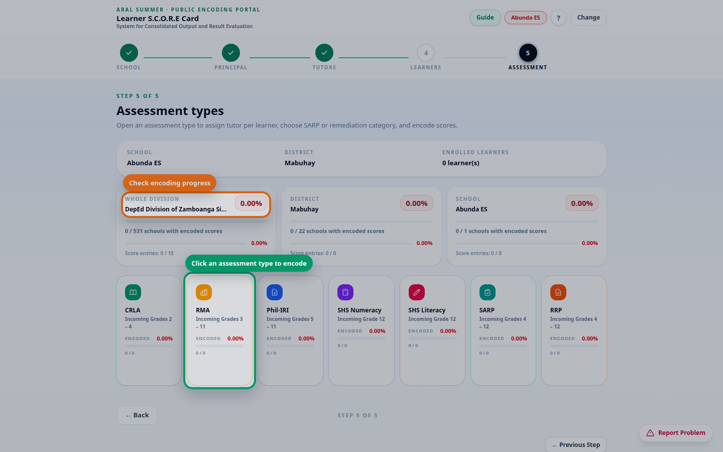 Highlighted assessment cards and progress section in Step 5